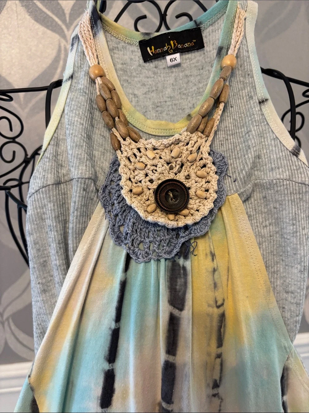 Hannah Banana Yellow & Teal Tie-Dye Halter Romper with Crochet Detail